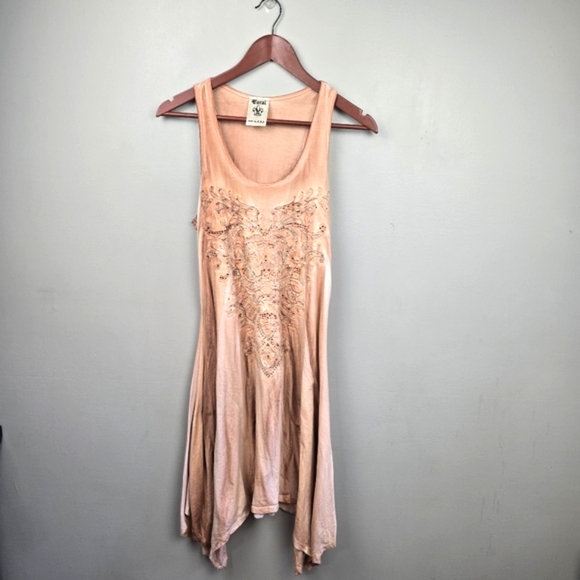 Vocal Tops - VOCAL Y2K Crystal Embellished Asymmetrical Hem Boho Tunic Dress Pink Womens Sz M